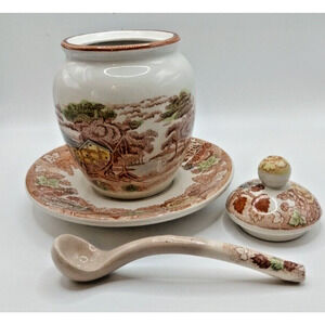 Nasco Japan 1940’s Transferware Mountain Wood-land Sugar And Spoon Set